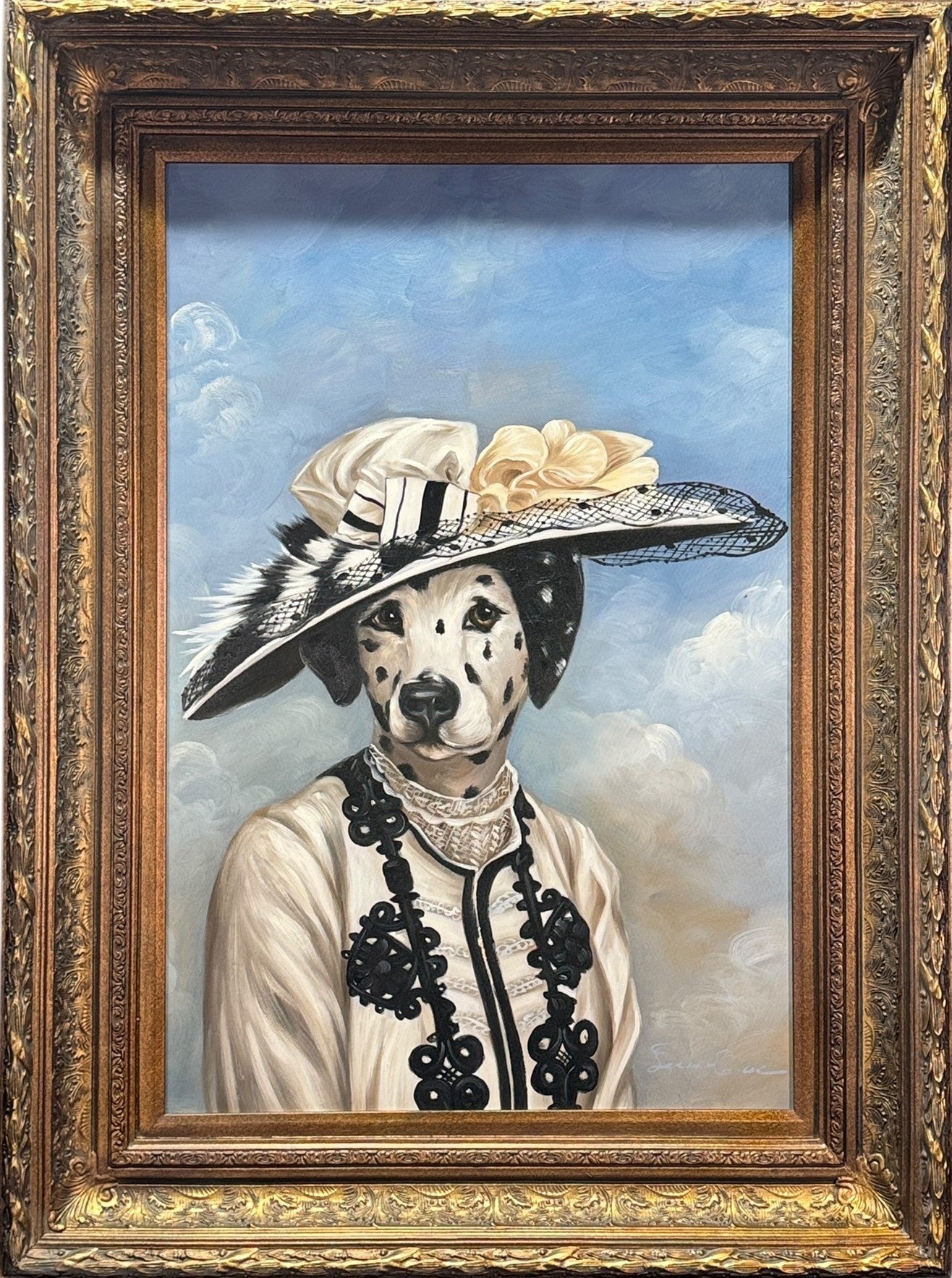 HAND PAINTED ACRYLIC DOG IN A DRESS AND GRAND HAT