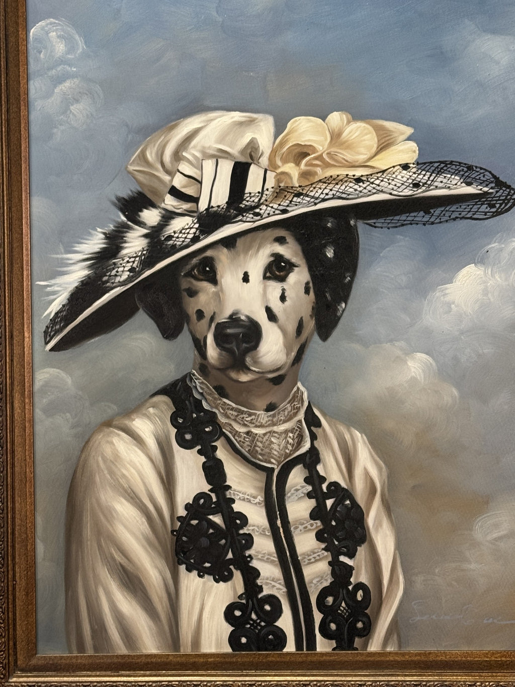 HAND PAINTED ACRYLIC DOG IN A DRESS AND GRAND HAT