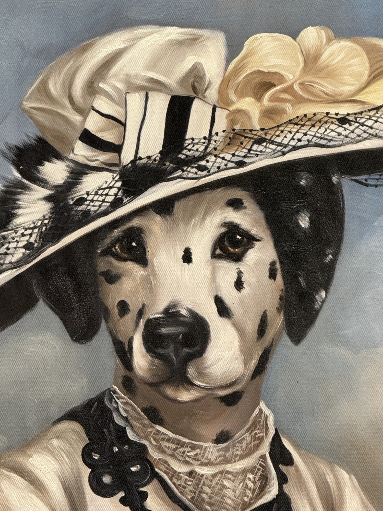 HAND PAINTED ACRYLIC DOG IN A DRESS AND GRAND HAT