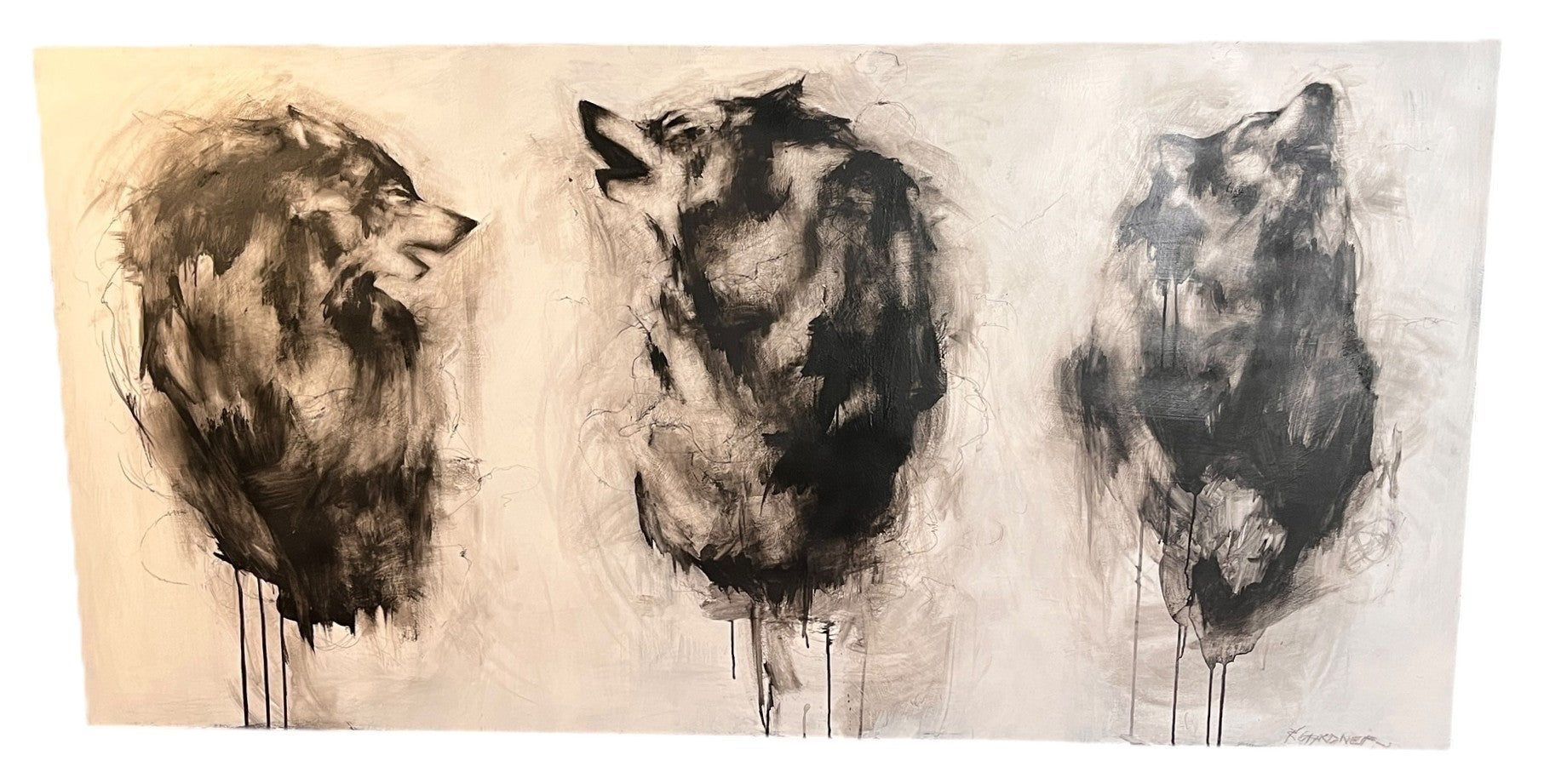 B/W WOLVES ACRYLIC ON WOOD SIGNED BY GARDNER