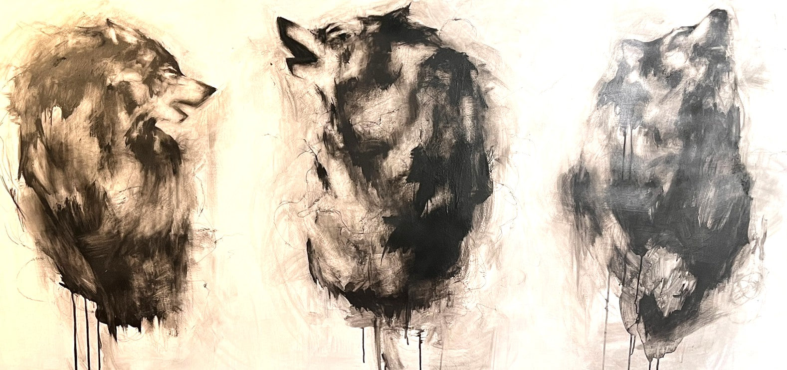 B/W WOLVES ACRYLIC ON WOOD SIGNED BY GARDNER