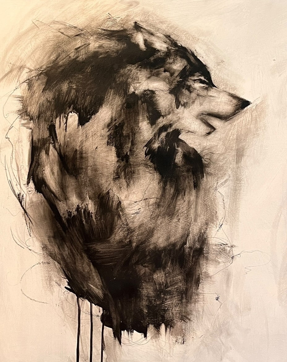 B/W WOLVES ACRYLIC ON WOOD SIGNED BY GARDNER