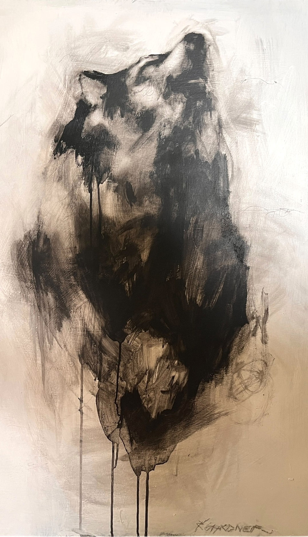 B/W WOLVES ACRYLIC ON WOOD SIGNED BY GARDNER