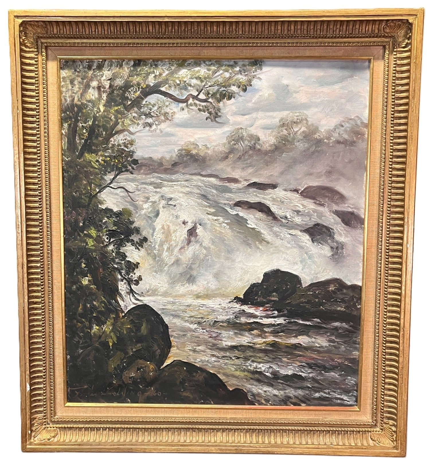 OIL ON CANVAS RIVER SCENE IN GILT FRAME