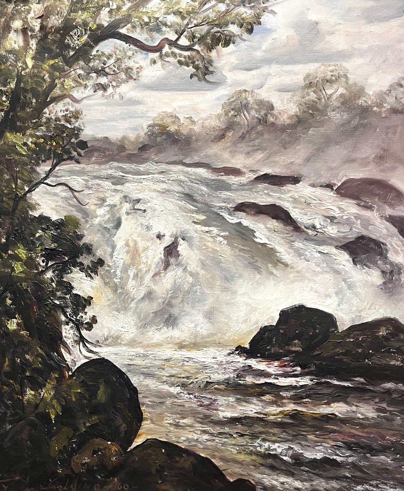 OIL ON CANVAS RIVER SCENE IN GILT FRAME