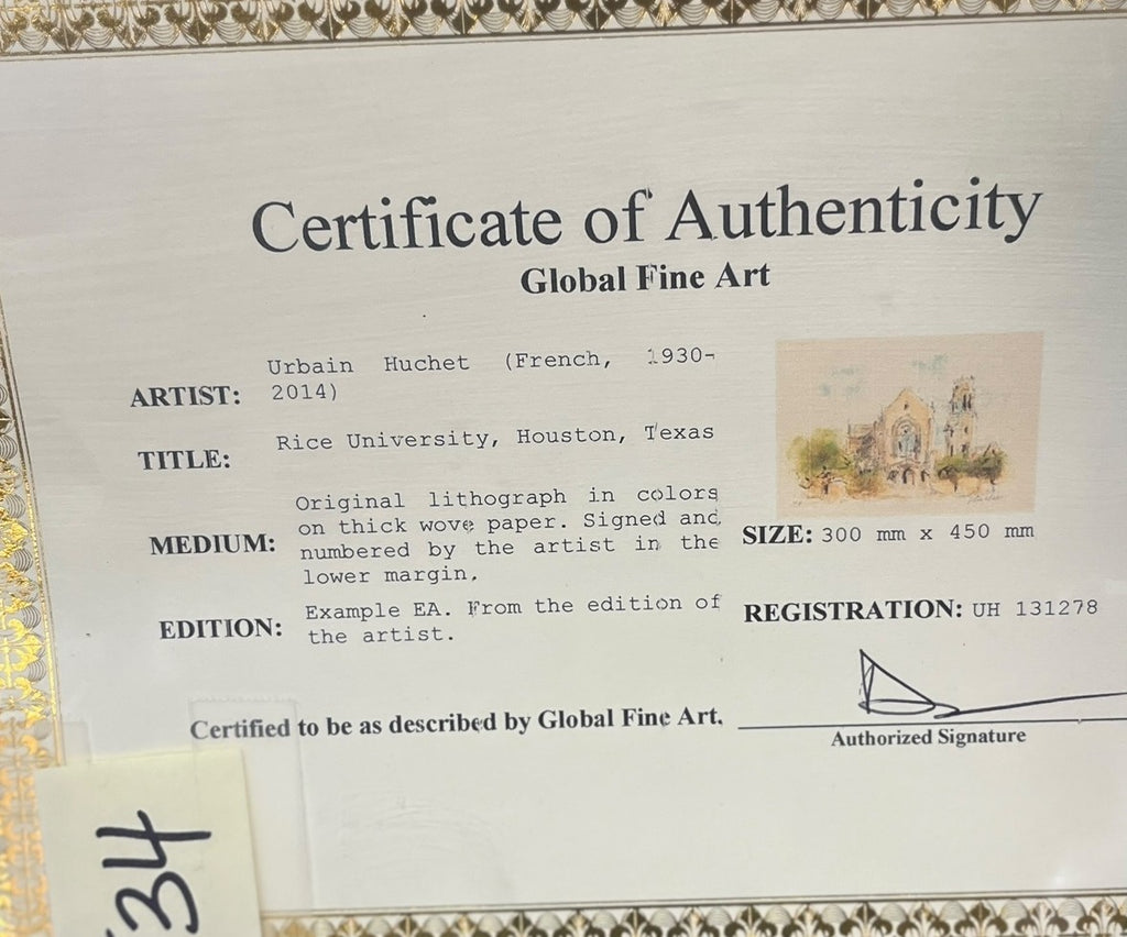 "RICE UNIVERISTY" LITHOGRAPH BY URBAIN HUCHET