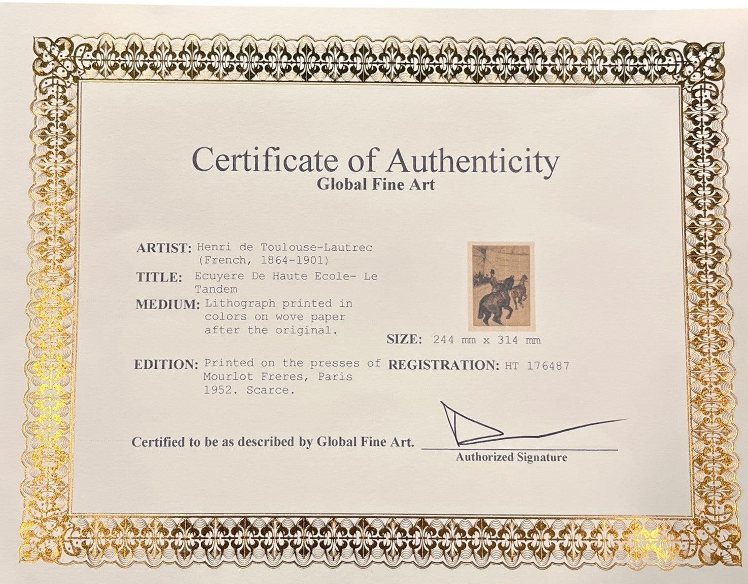 "ECUYERE DE HAUTE ECOLE- LE TANDEM" LITHOGRAPH